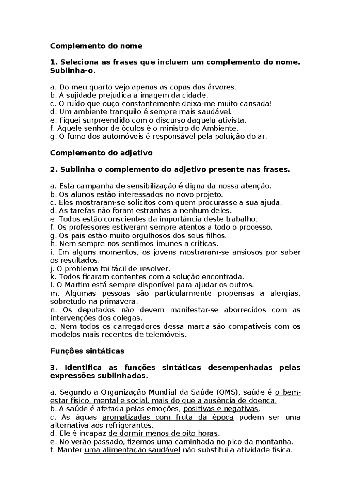 Gramática - Complemento do Nome e Funções Sintáticas - Studocu