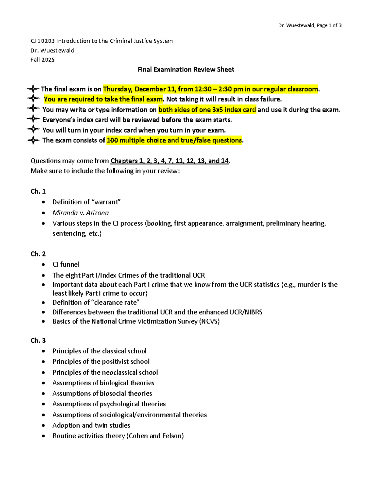 CJ 10203 Final Exam Review Sheet - Fall 2025 - Studocu
