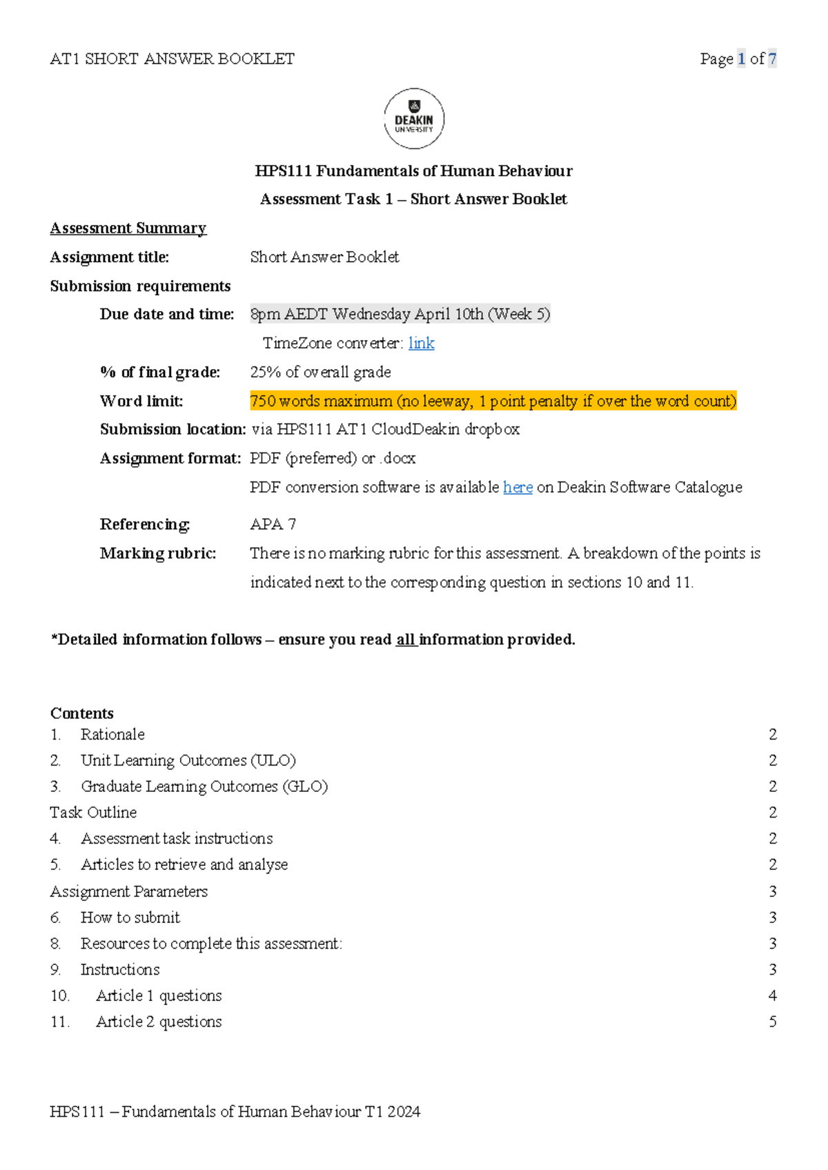 AT1 - at1 - HPS111 Fundamentals of Human Behaviour Assessment Task 1 ...
