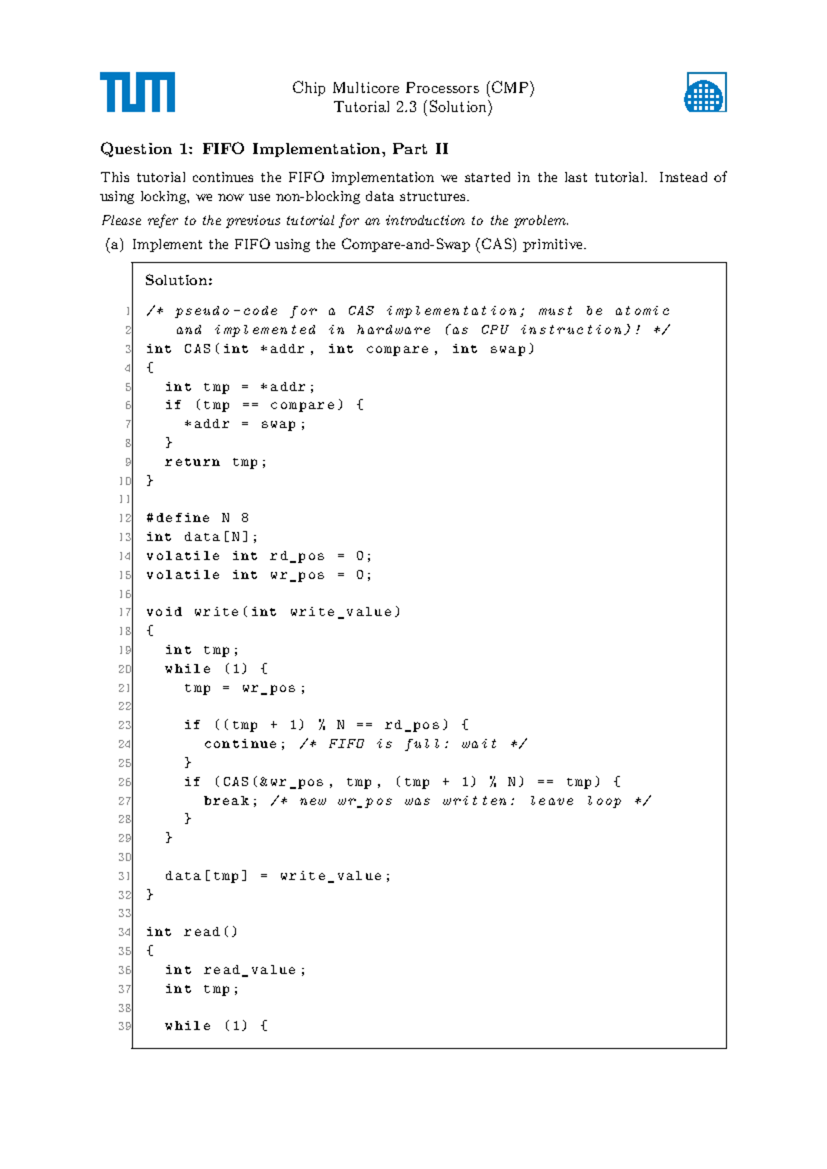 CMP Tutorial 2.3: FIFO Implementation Solutions and Code - Studocu