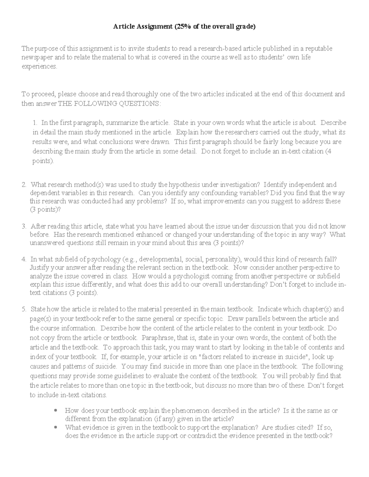 PSY101 Article Assignment - Relating Research to Personal Experience ...