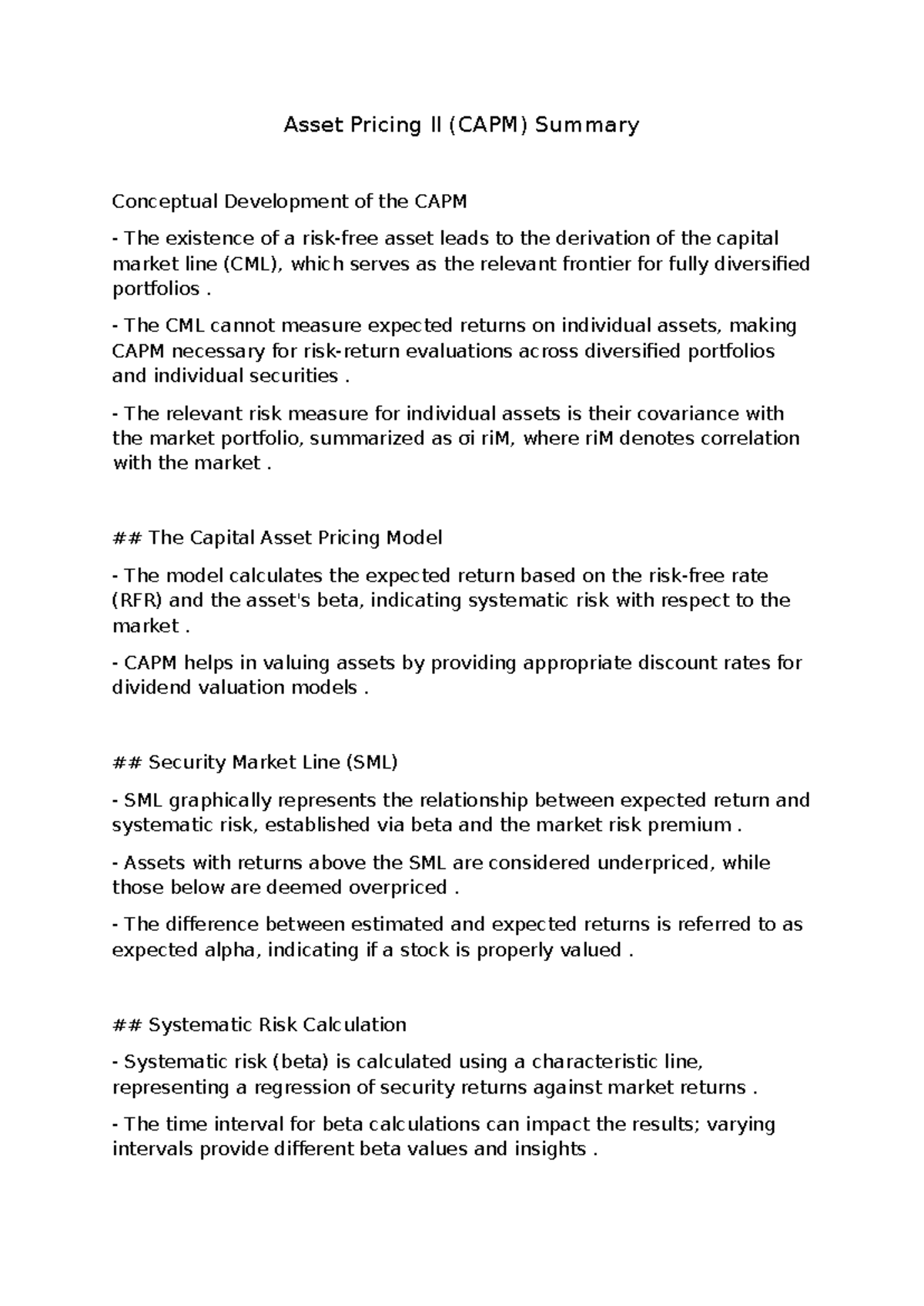 Asset Pricing II (CAPM) Summary: Key Concepts and Equations - Studocu