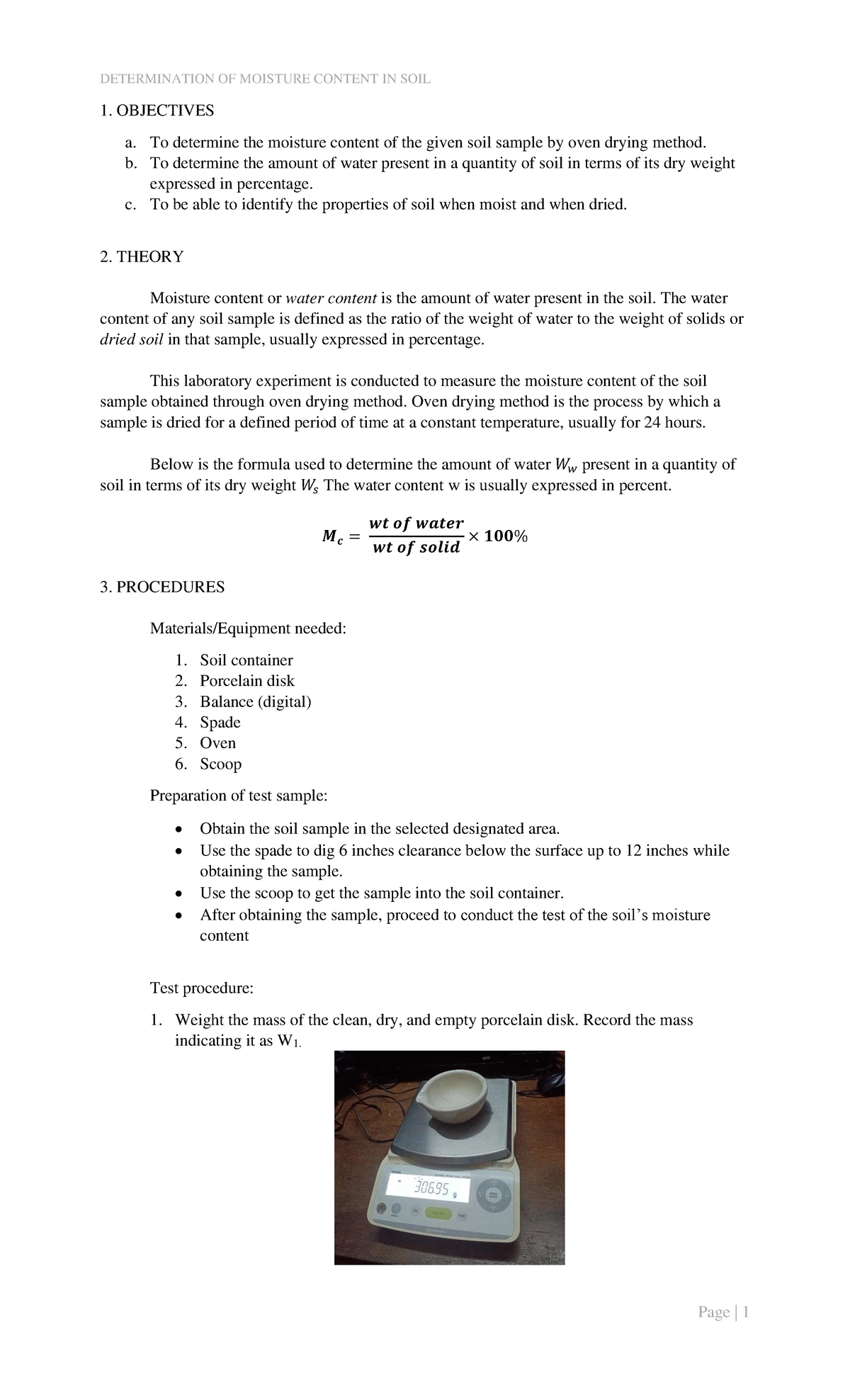 Moisture Content LAB Report - DETERMINATION OF MOISTURE CONTENT IN SOIL ...