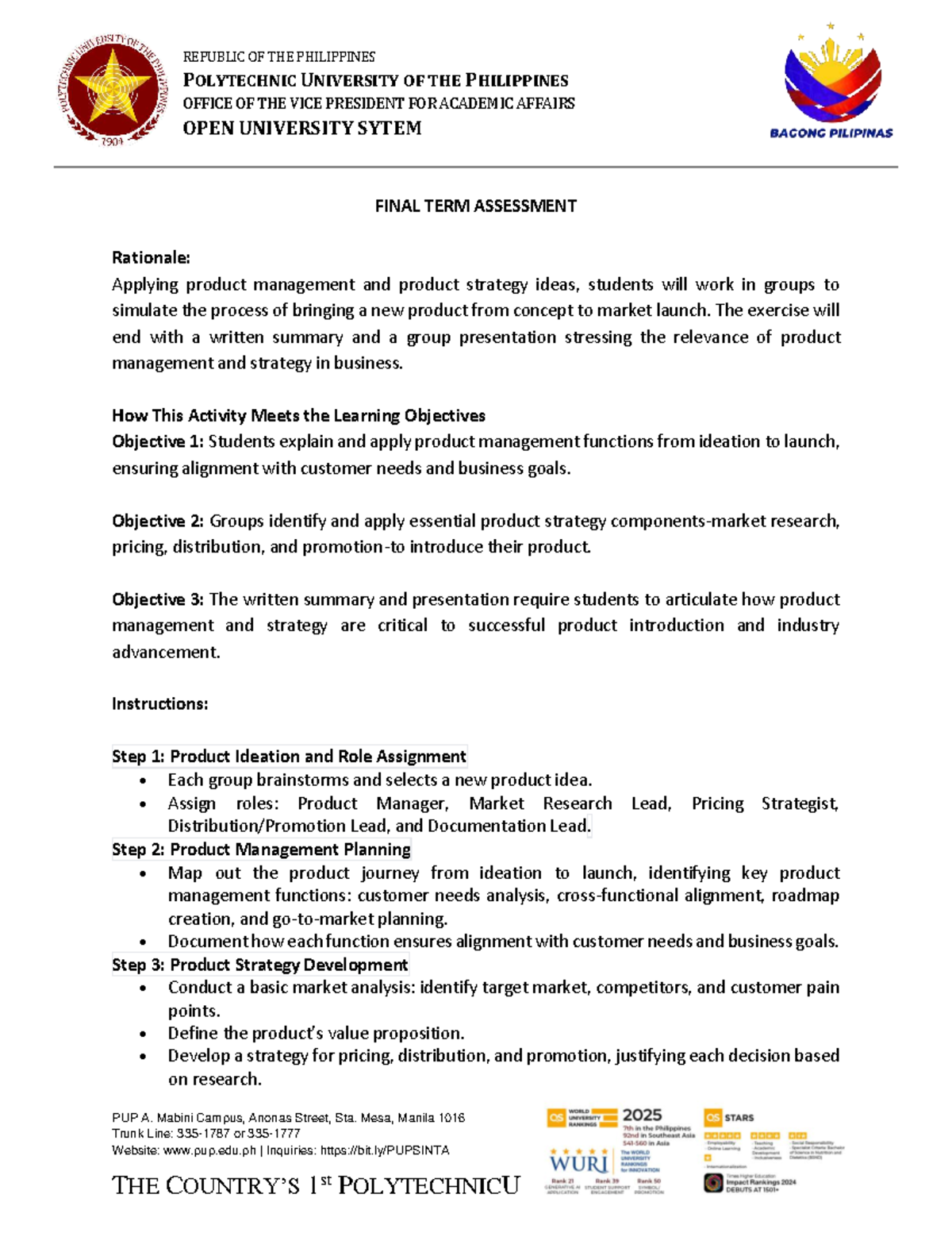 PUP Product Management Final Term Assessment: Group Project Guide - Studocu