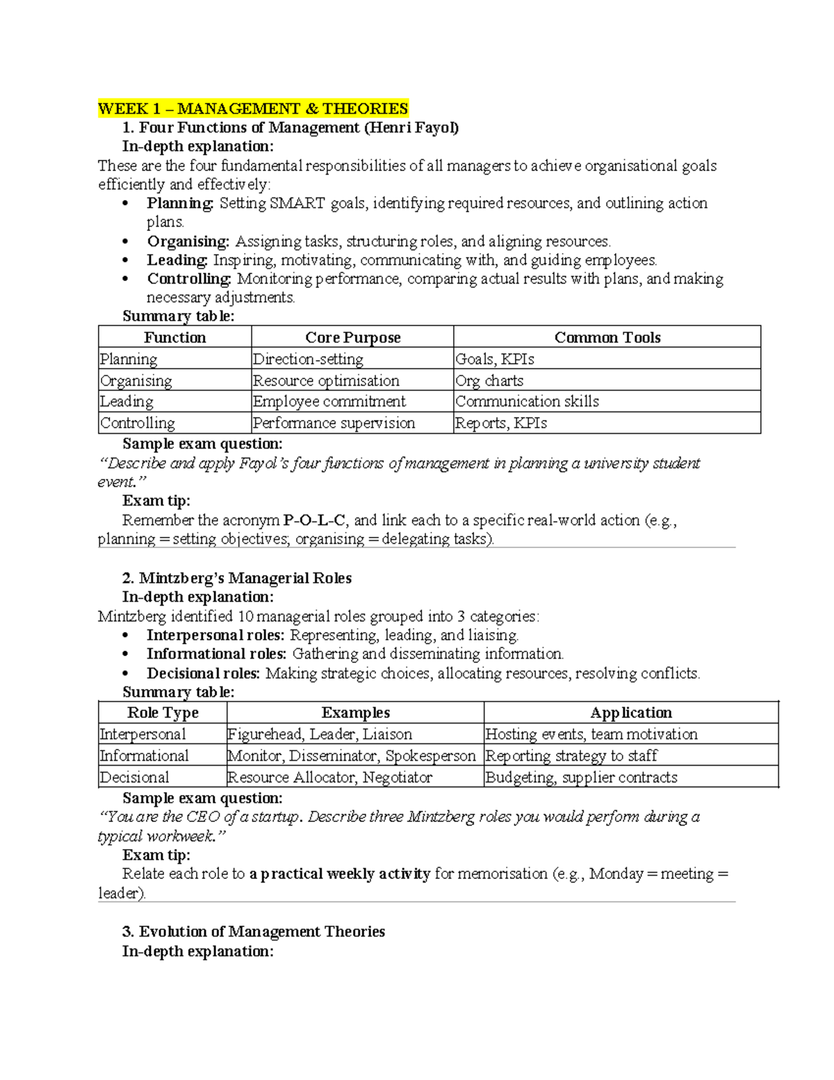 Mgmt 101 - Week 1: Management Theories & Functions Overview - Studocu