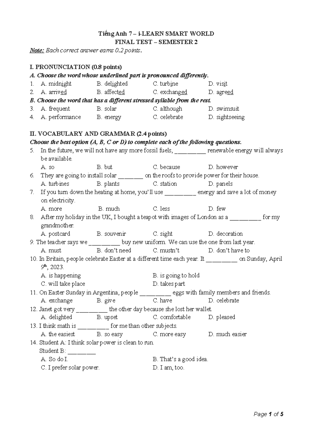 Tiếng Anh 7 ISW - Semester 2 - Final Test Review Notes - Studocu