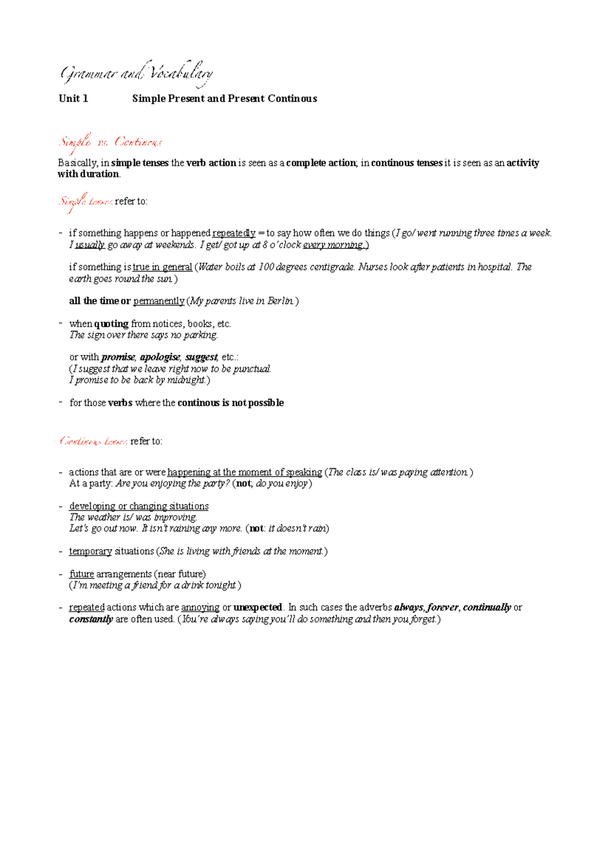 Unit 1 Present Simple and Continous - Grammar and Vocabulary Unit 1 ...