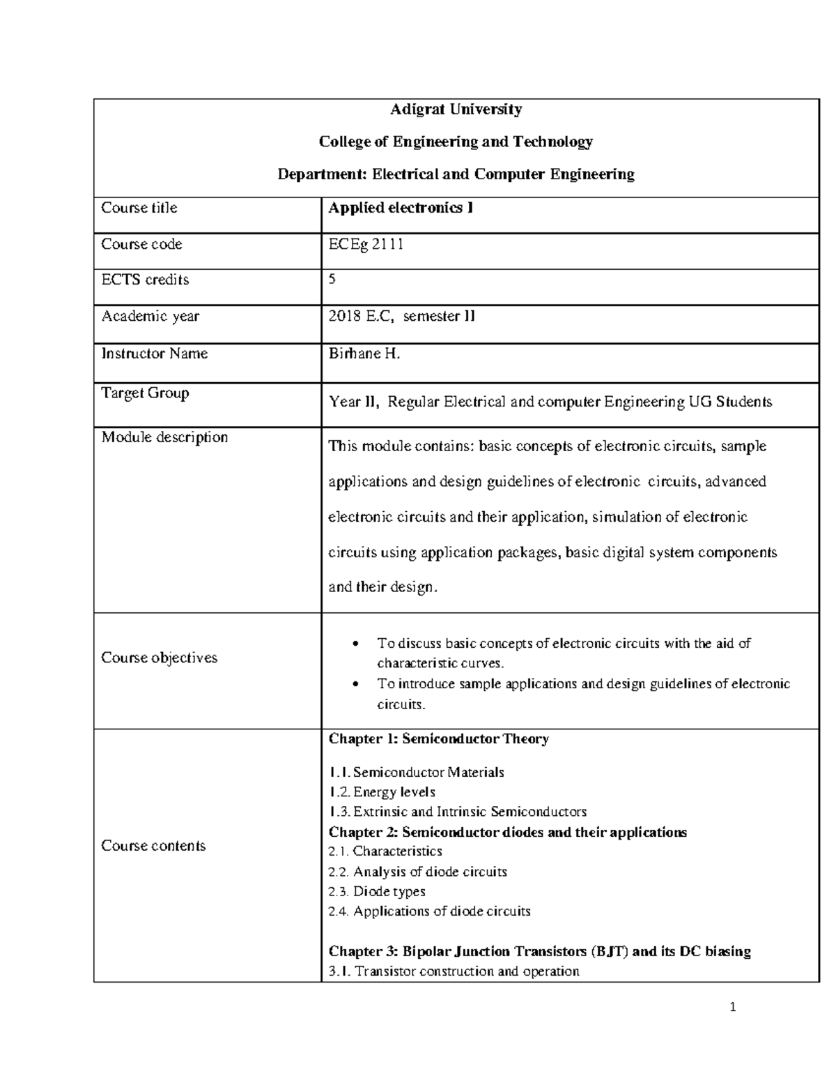 Applied Electronics I Course Outline - ECEg - Studocu