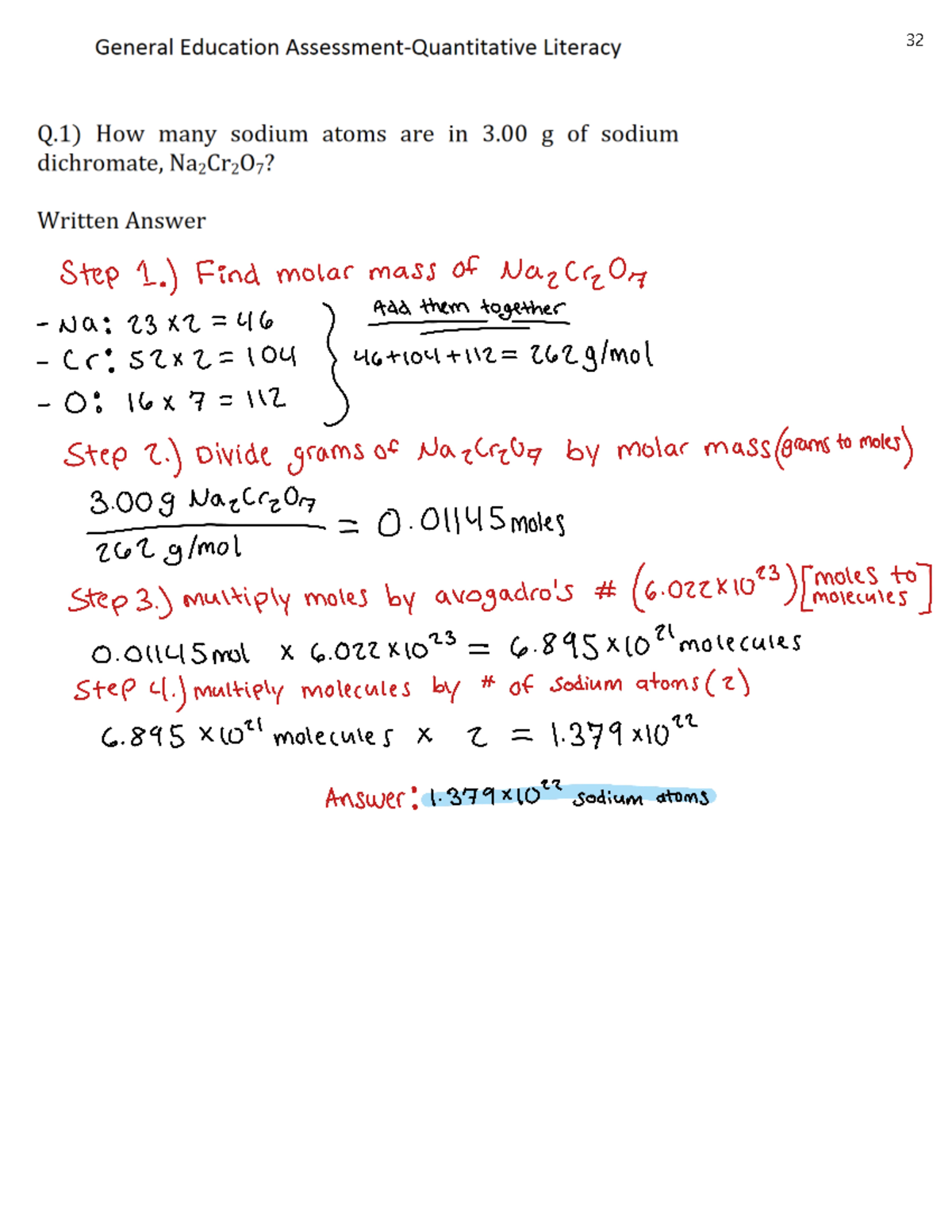 Chem Extra Credit Qs for Gen Ed Literacy 32: Sodium & Fe Calculations ...