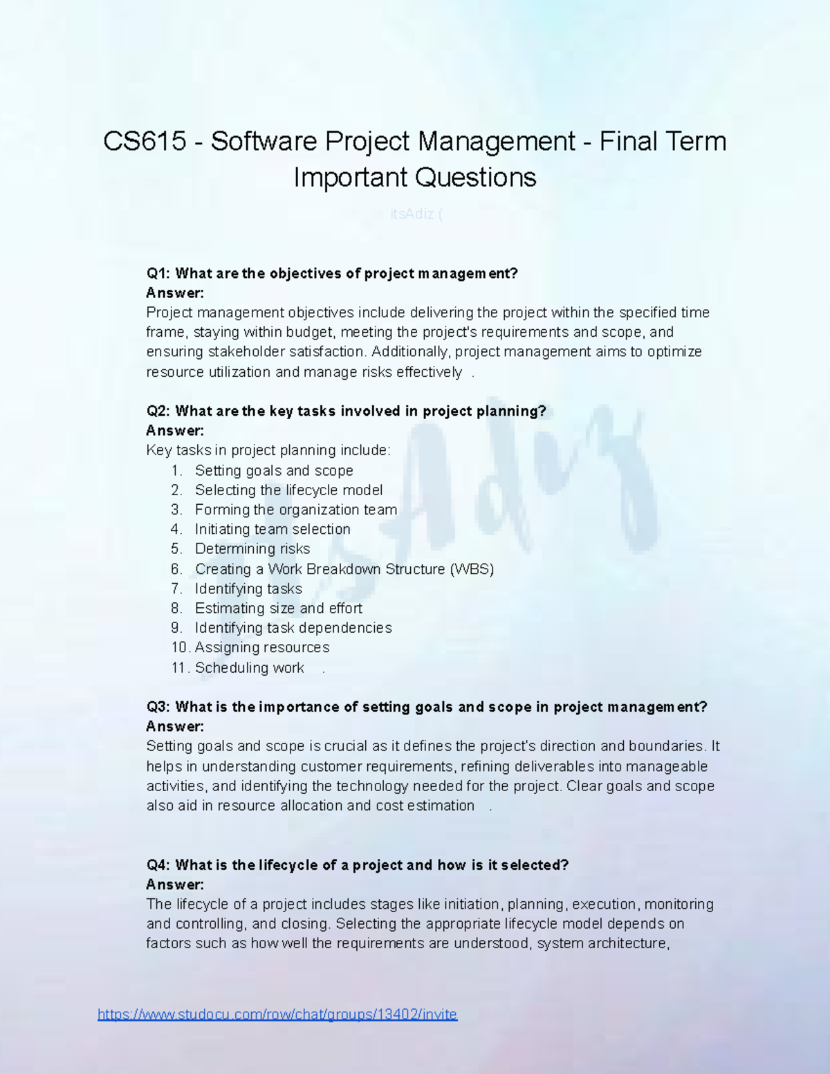 CS615 Final Term Key Questions - Software Project Management - Studocu