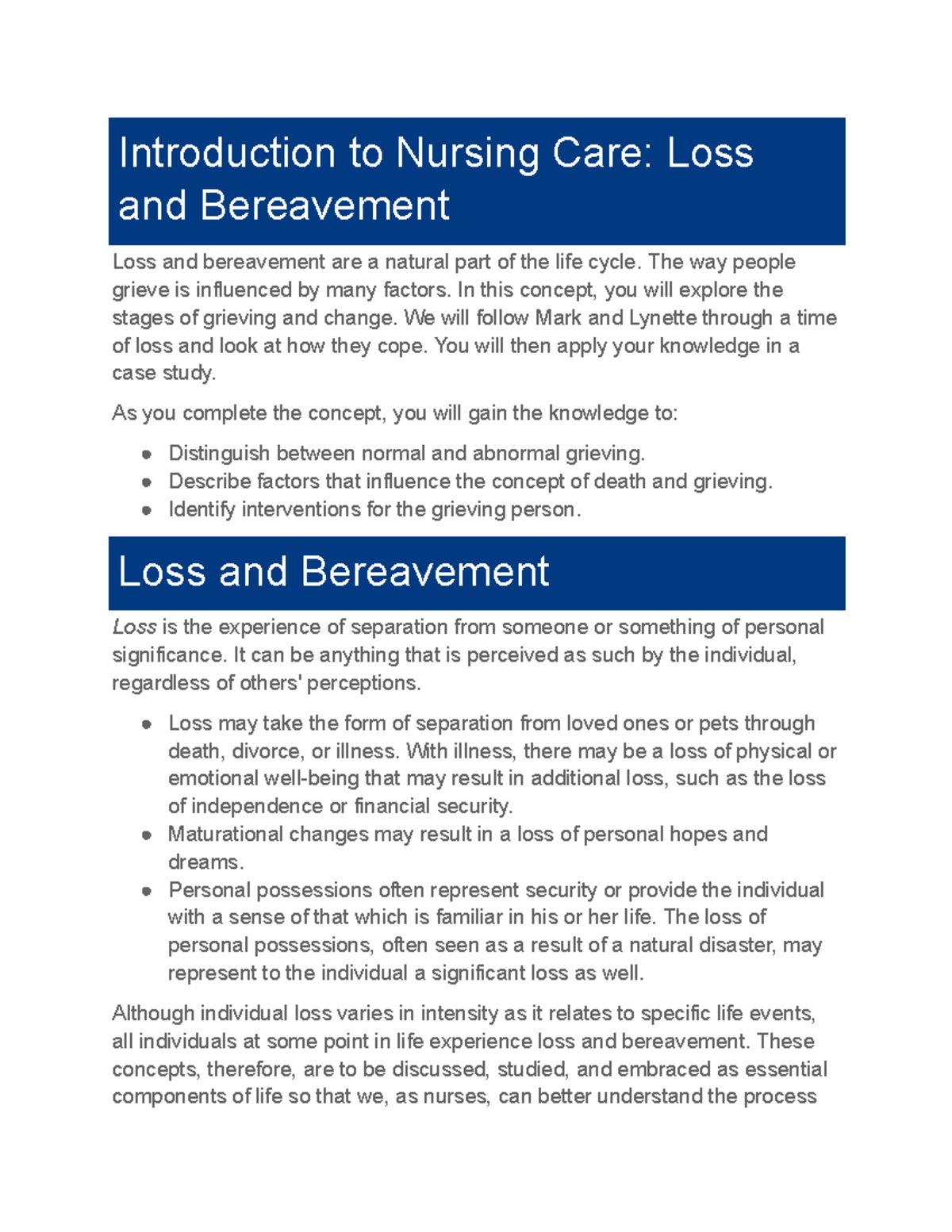 NR326 Week 4: Understanding Grief and Bereavement in Nursing Care - Studocu