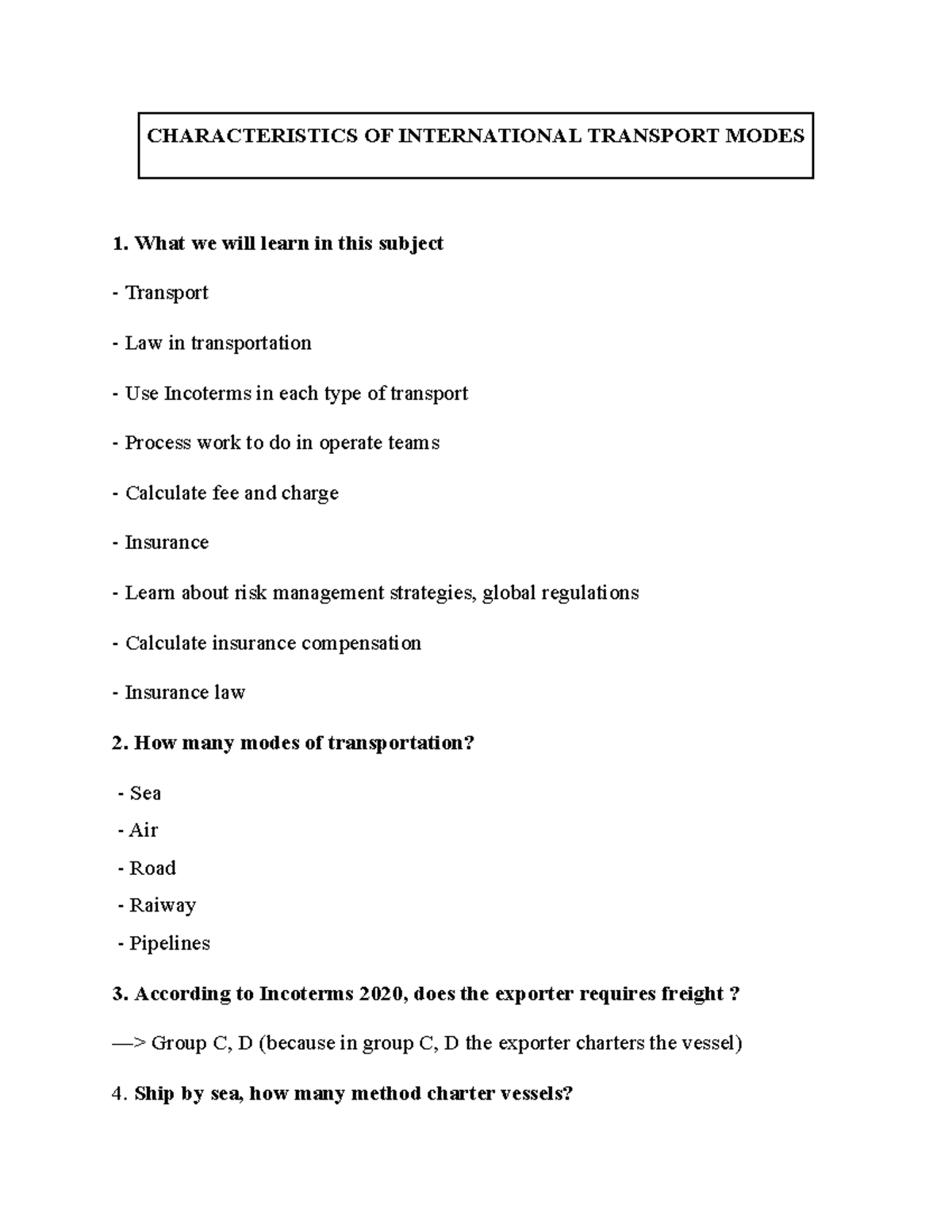 Characteristics OF International Transport Modes - CHARACTERISTICS OF ...