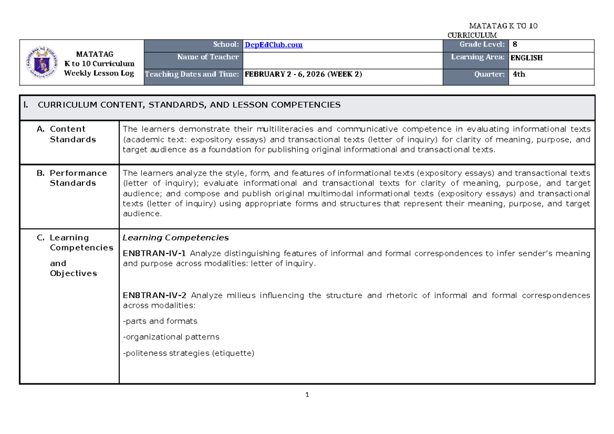 DTC DLL Matatag English 8 Q4 W2: Weekly Lesson Log on Modals and ...