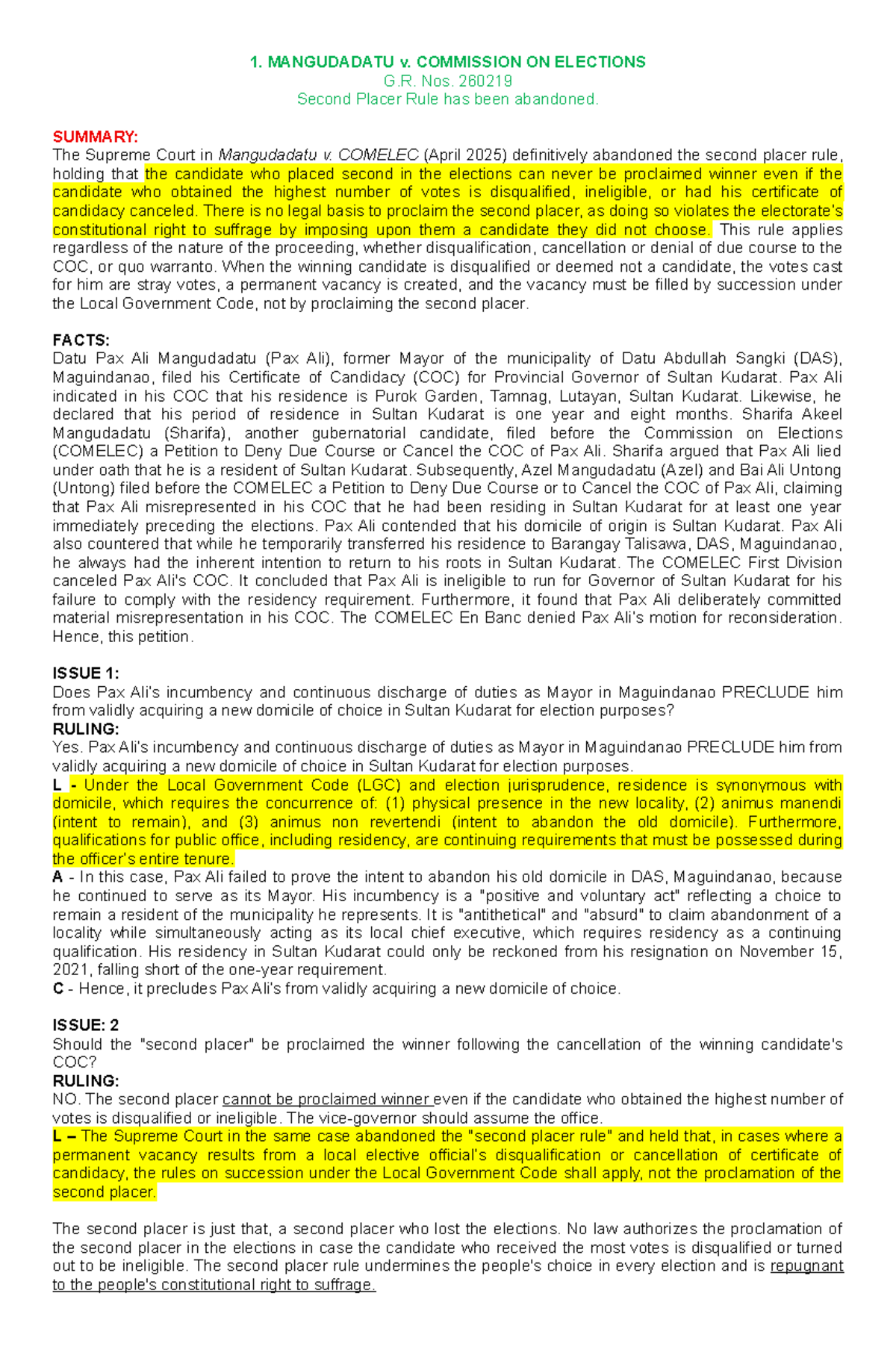 POLI CD - CASE DIGEST: Mangudadatu v. COMELEC G.R. No. 260219 Analysis ...