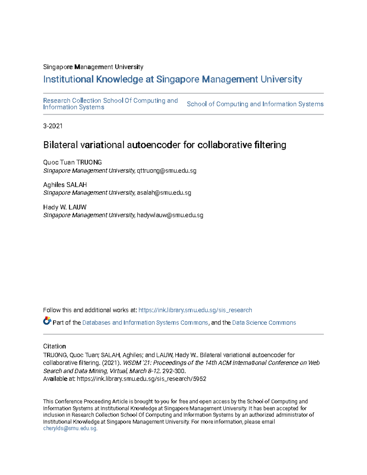 Bilateral Variational Autoencoder for Collaborative Filtering (WSDM '21 ...
