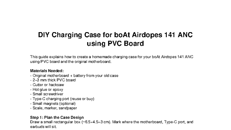 DIY Guide: Charging Case for boAt Airdopes 141 ANC Using PVC - Studocu