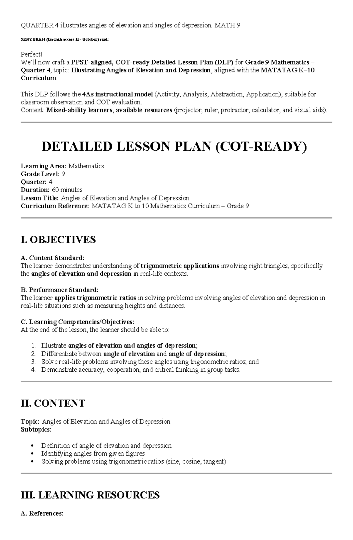 Detailed Lesson Plan (DLP) for MATH 9: Angles of Elevation & Depression ...
