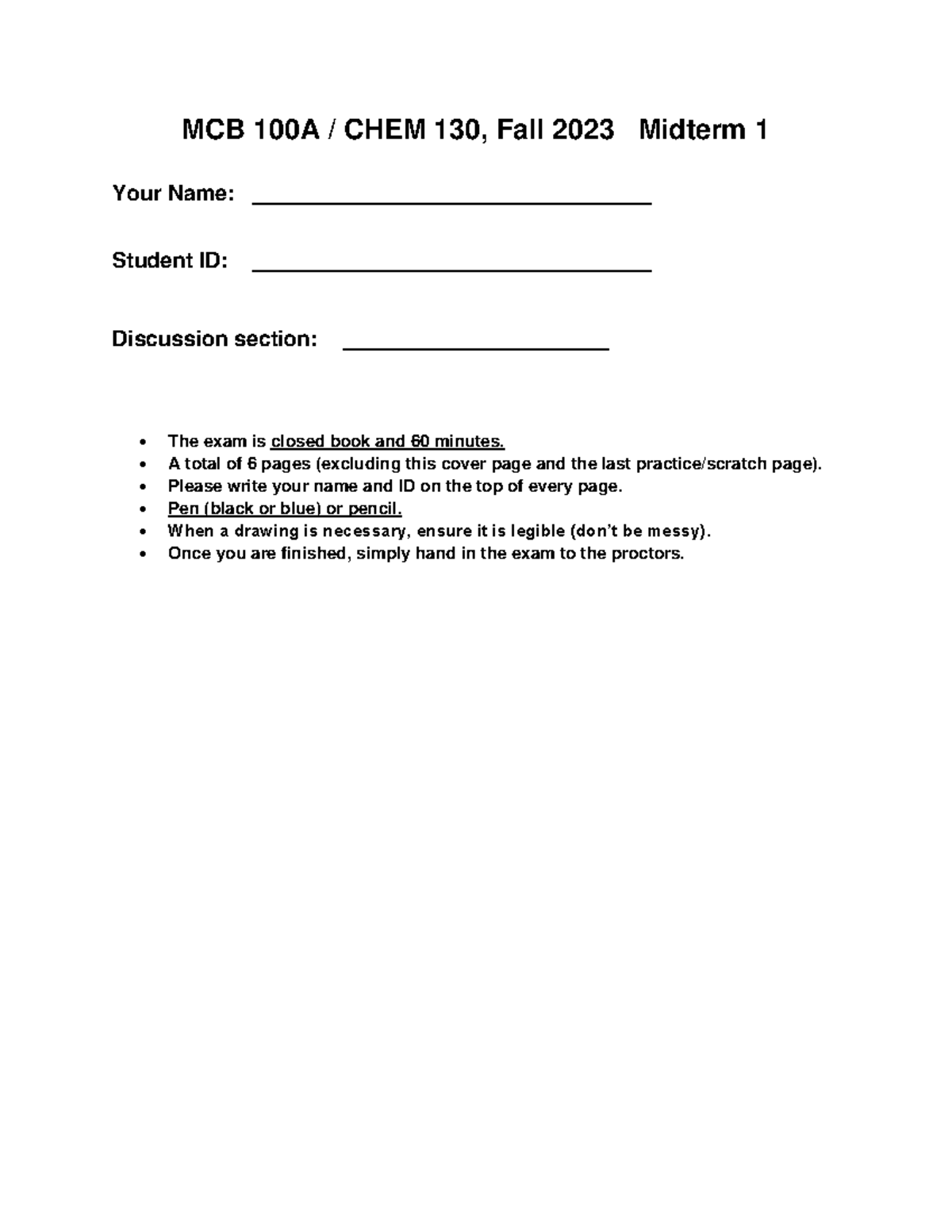 MCB 100A CHEM 130 Fall 2023 Midterm Exam 1 Guide - Studocu