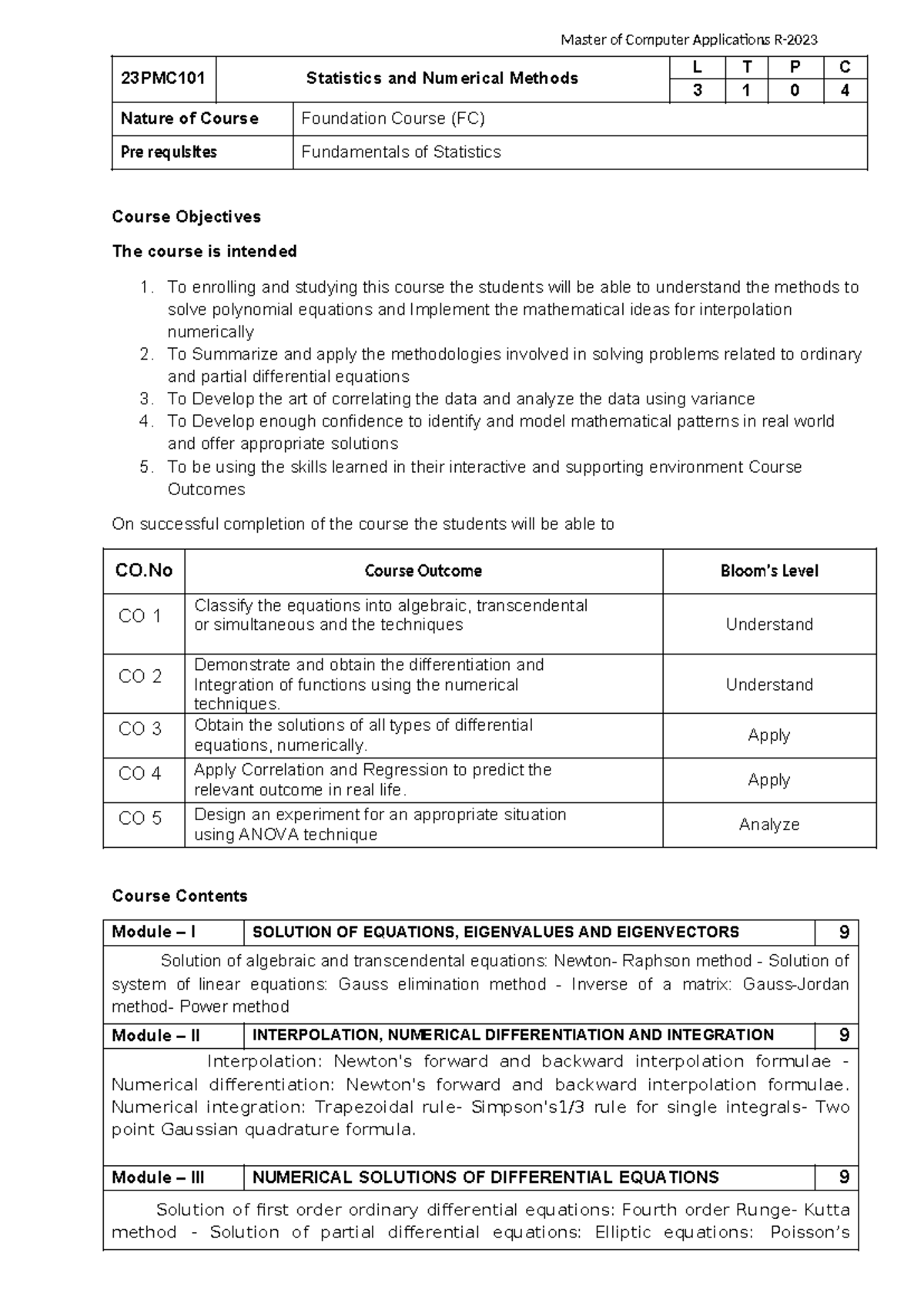 MCA - 23PMC101 Statistics & Numerical Methods Course Overview - Studocu