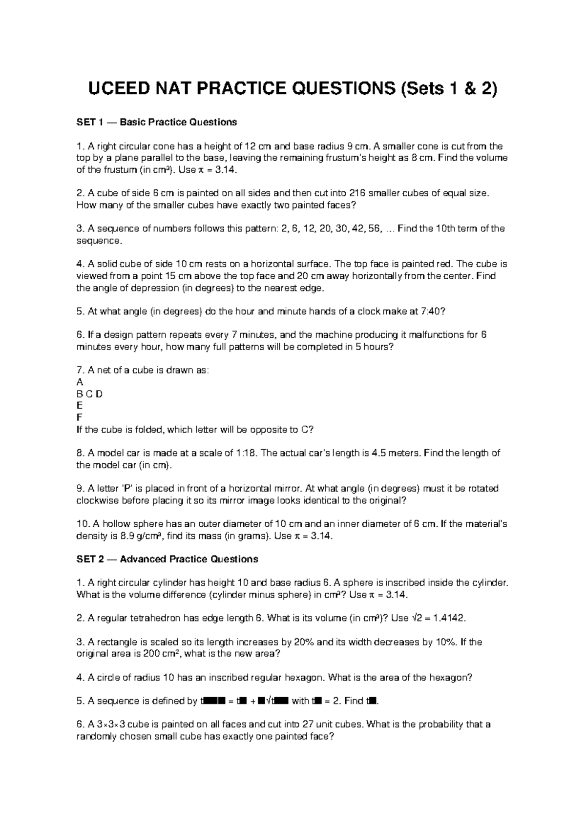UCEED NAT PRACTICE QUESTIONS (Sets 1 & 2) - Comprehensive Review - Studocu