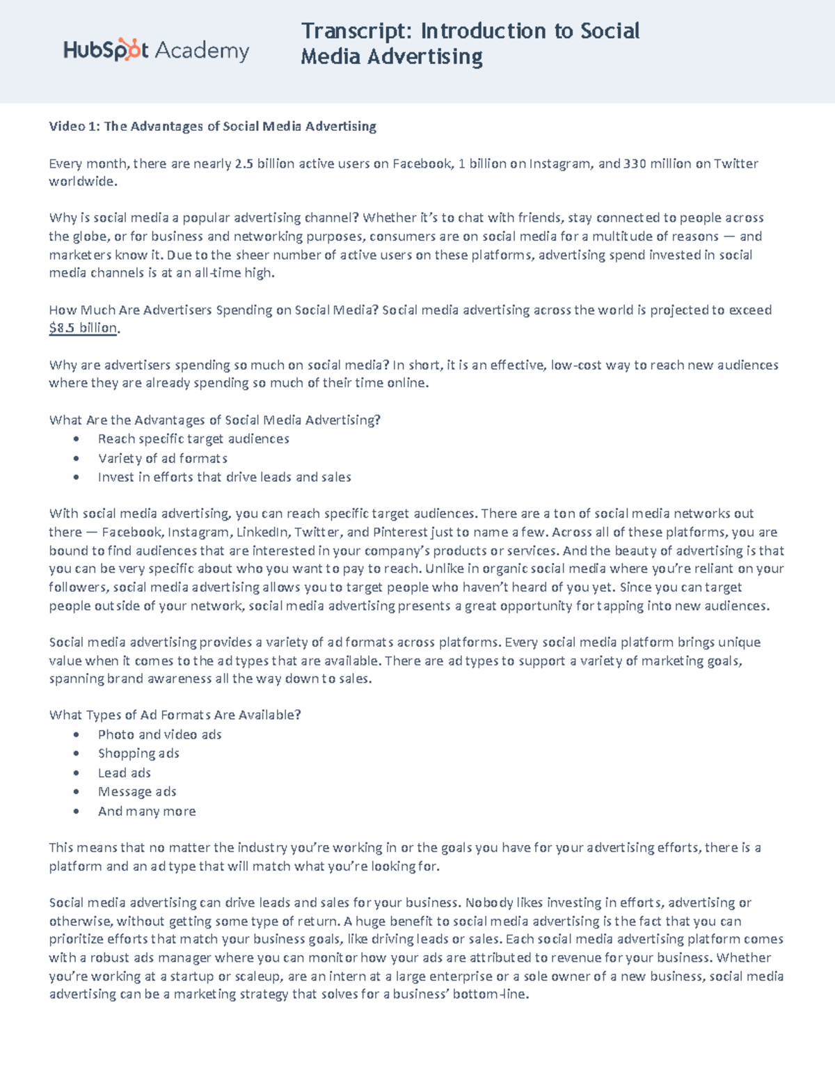 Introduction to Social Media Advertising - Transcript - Media ...