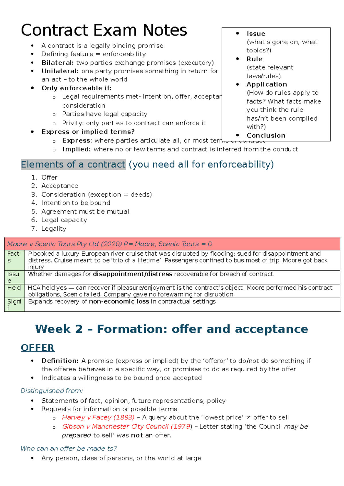 Contract Law Exam Notes (LAW101) - Key Concepts and Cases - Studocu