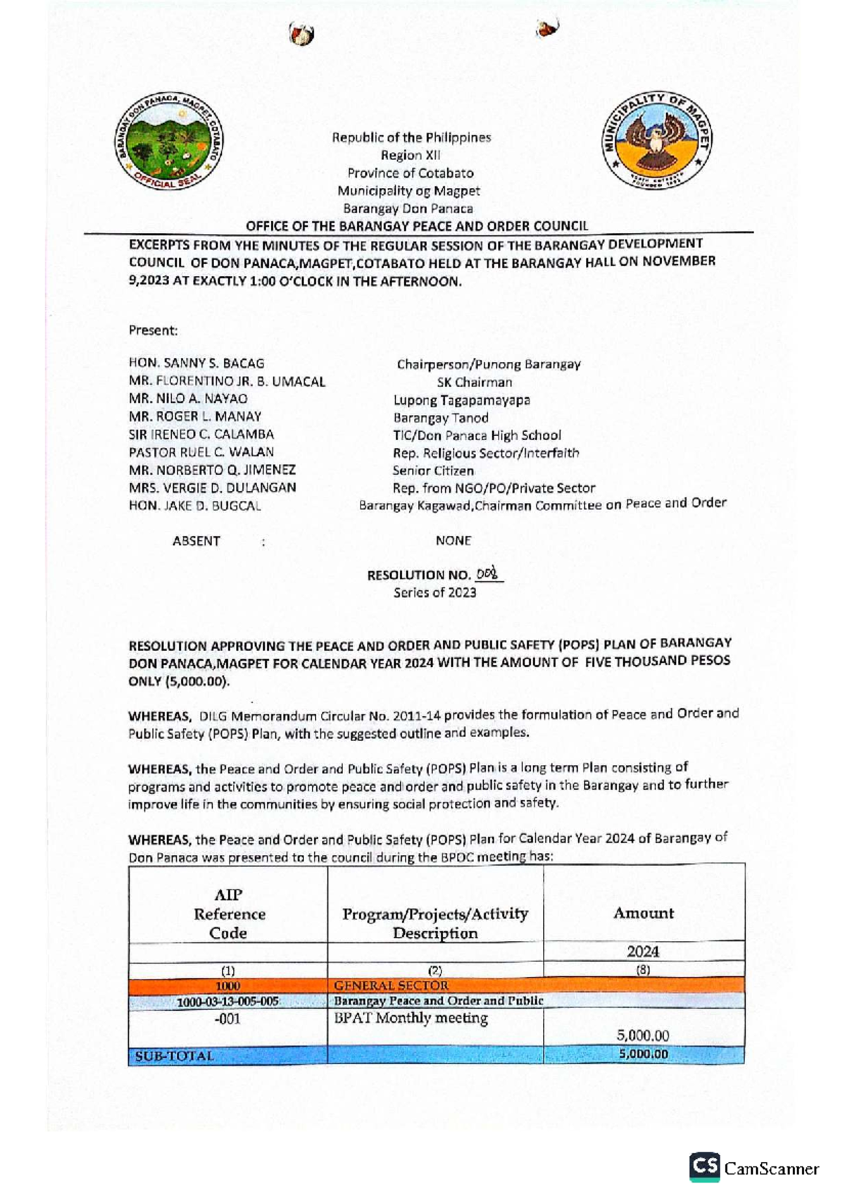 BOPC Resolution 008: Peace and Order Plan for Barangay Don Panaca 2024 ...