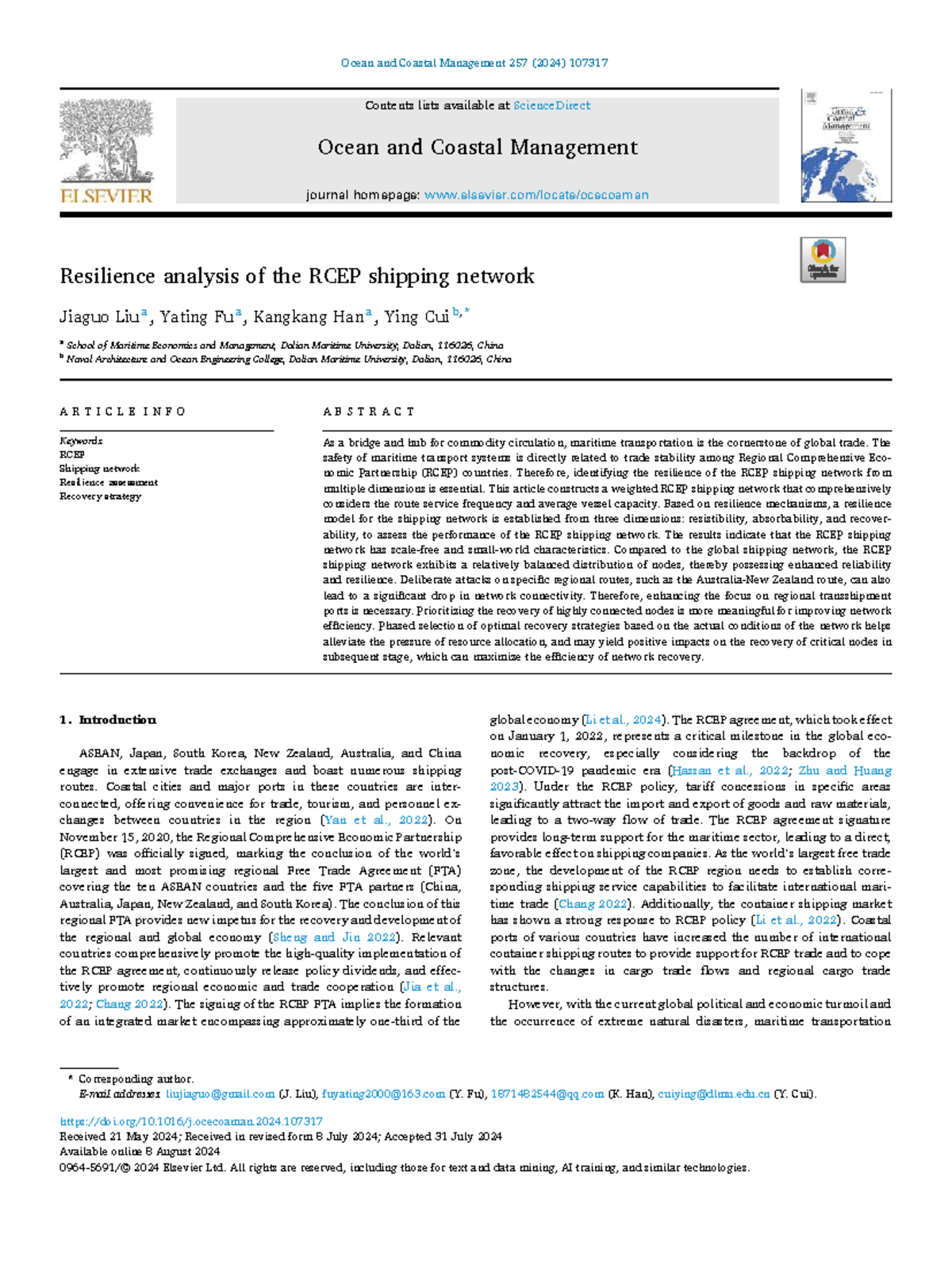 Resilience Analysis of the RCEP Shipping Network (MGT 257, 2024) - Studocu