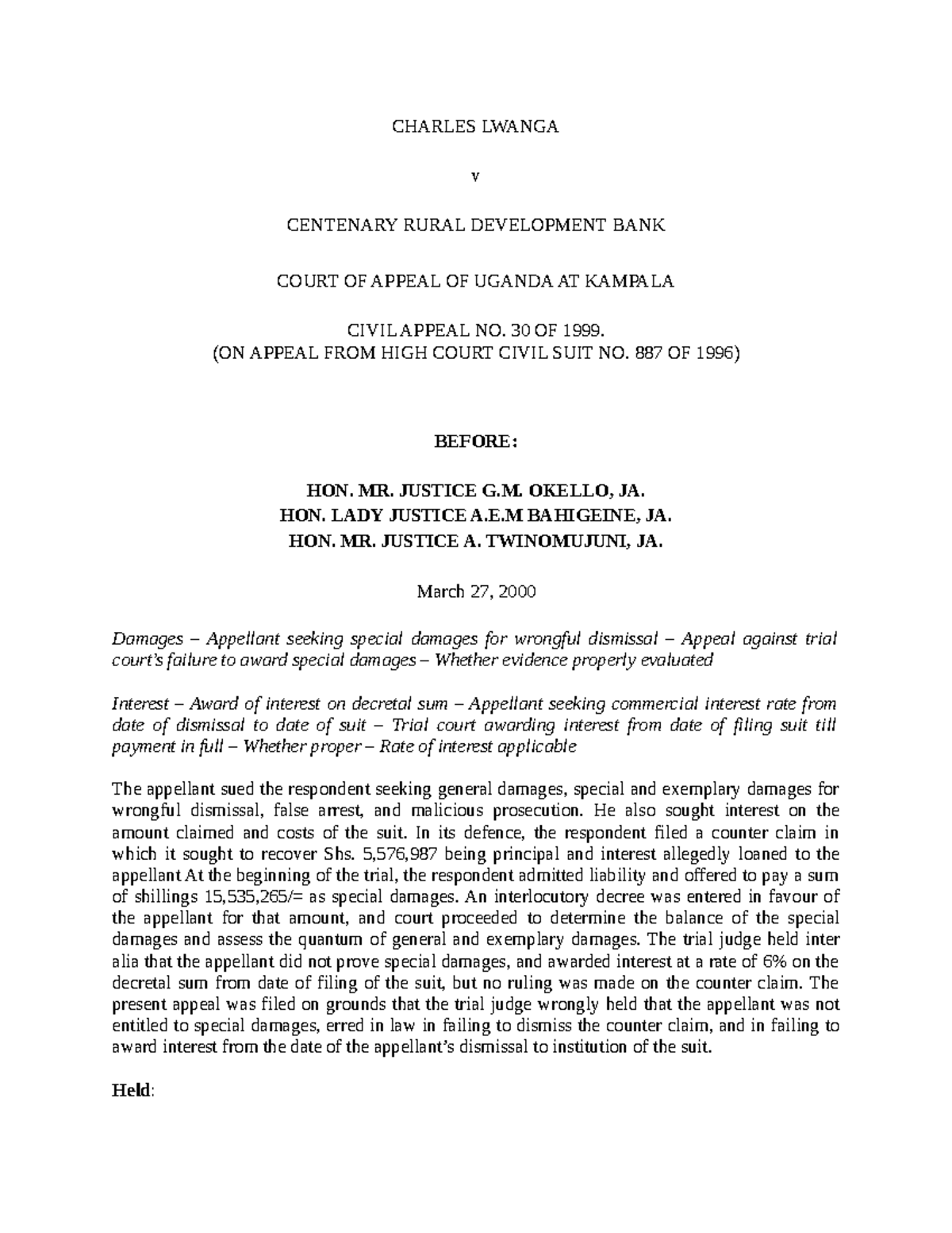 Charles Lwanga v Centenary Rural Dev. Bank: Appeal on Damages ...