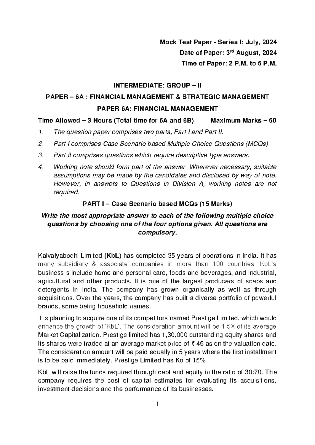 Mock Test Paper - Series I: Financial & Strategic Management (Paper 6A ...