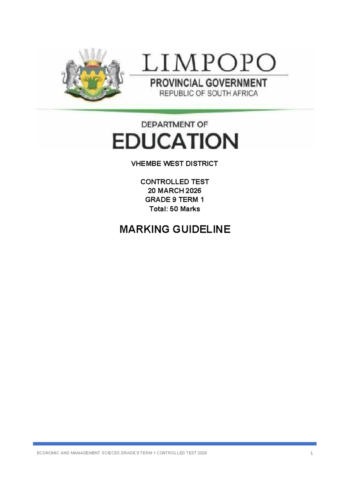 2026 EMS Grade 9 Term 1 Controlled Test Marking Guidelines - Studocu