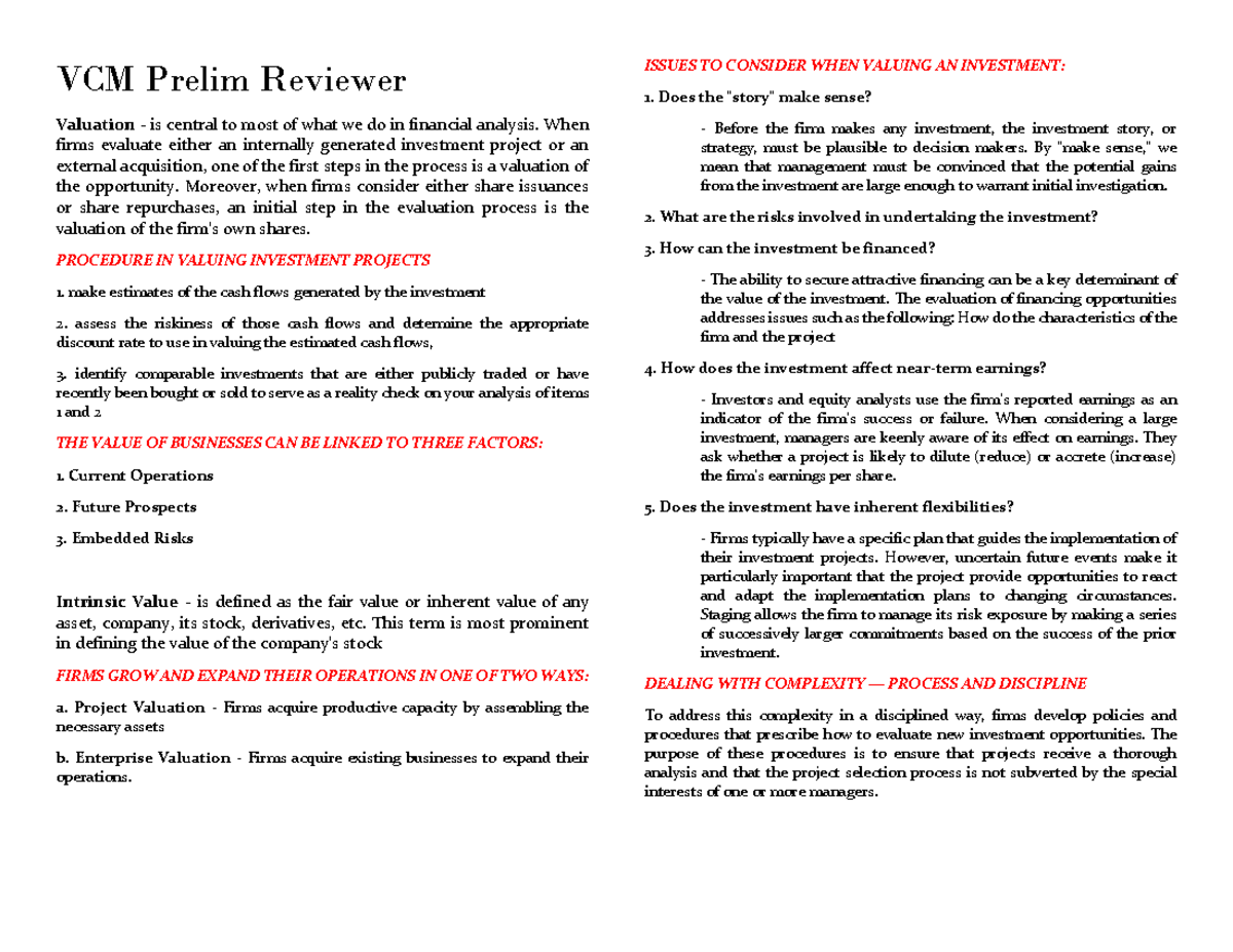 VCM 3rd Yr Prelim Reviewer: Valuation in Financial Analysis - Studocu