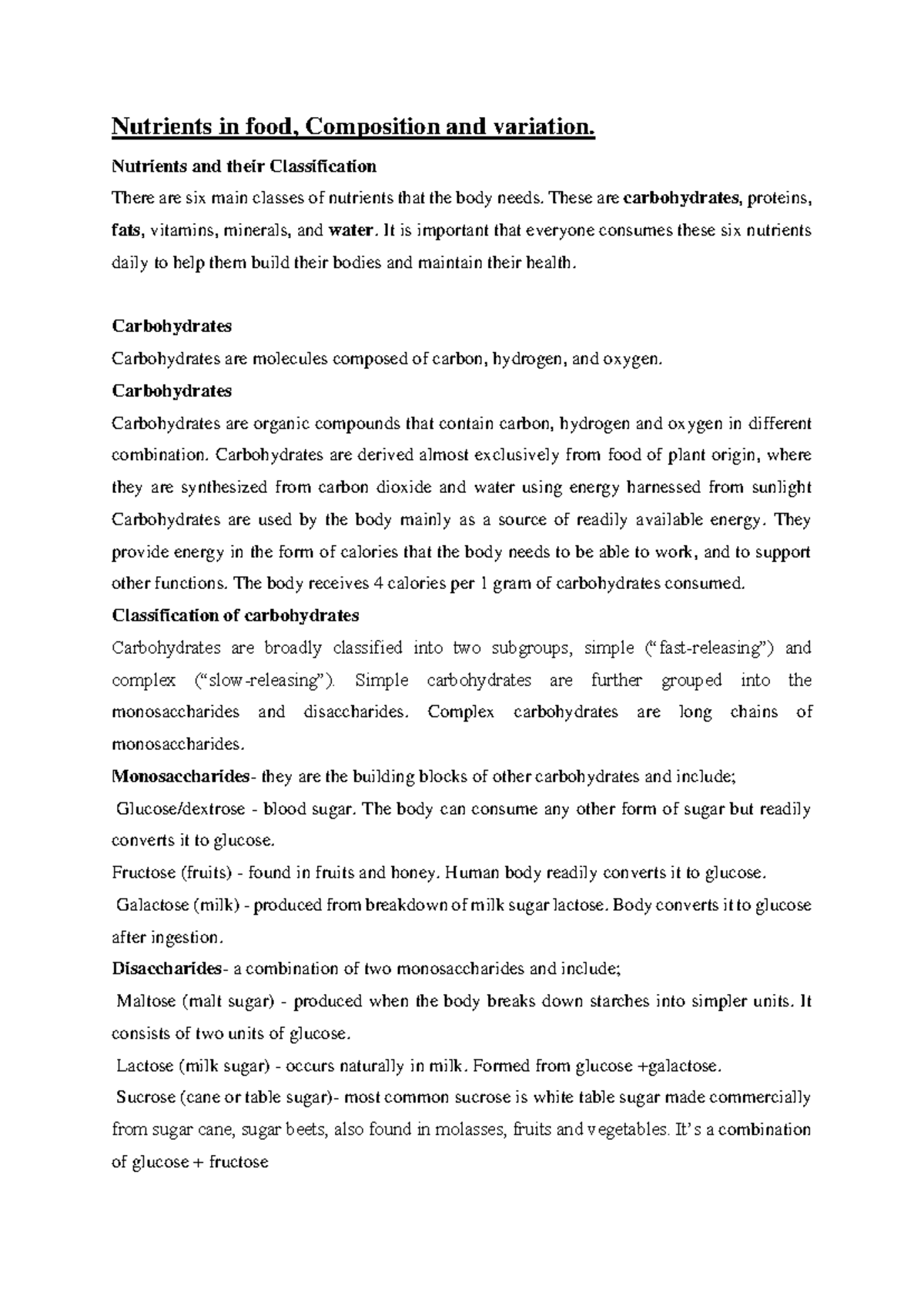 Human nutrition Notes - Nutrients in food, Composition and variation ...