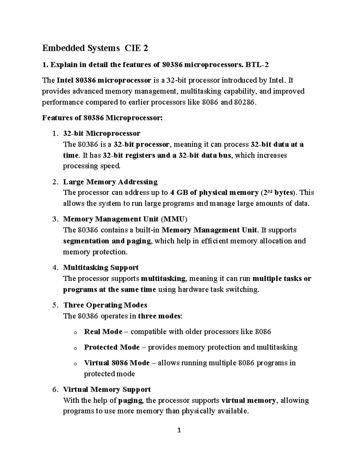 Embedded Systems CIE 2: Detailed Features of 80386 Microprocessor - Studocu