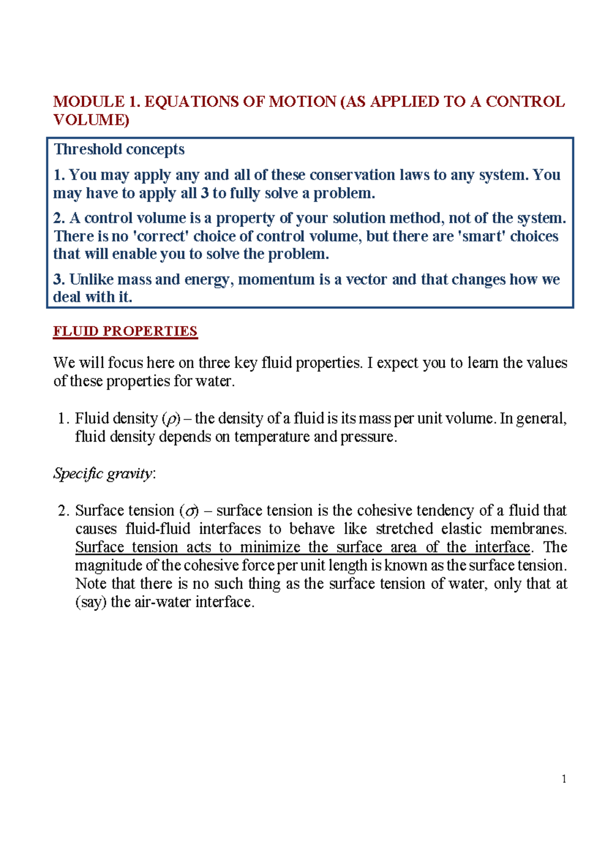 Module 1: Equations of Motion in Control Volumes - Key Concepts - Studocu