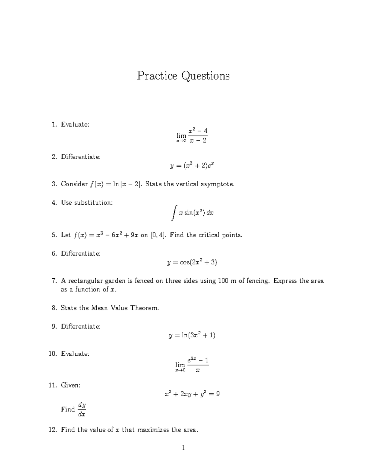 Term Test 2 Practice Questions: Engineering Calculus - Studocu