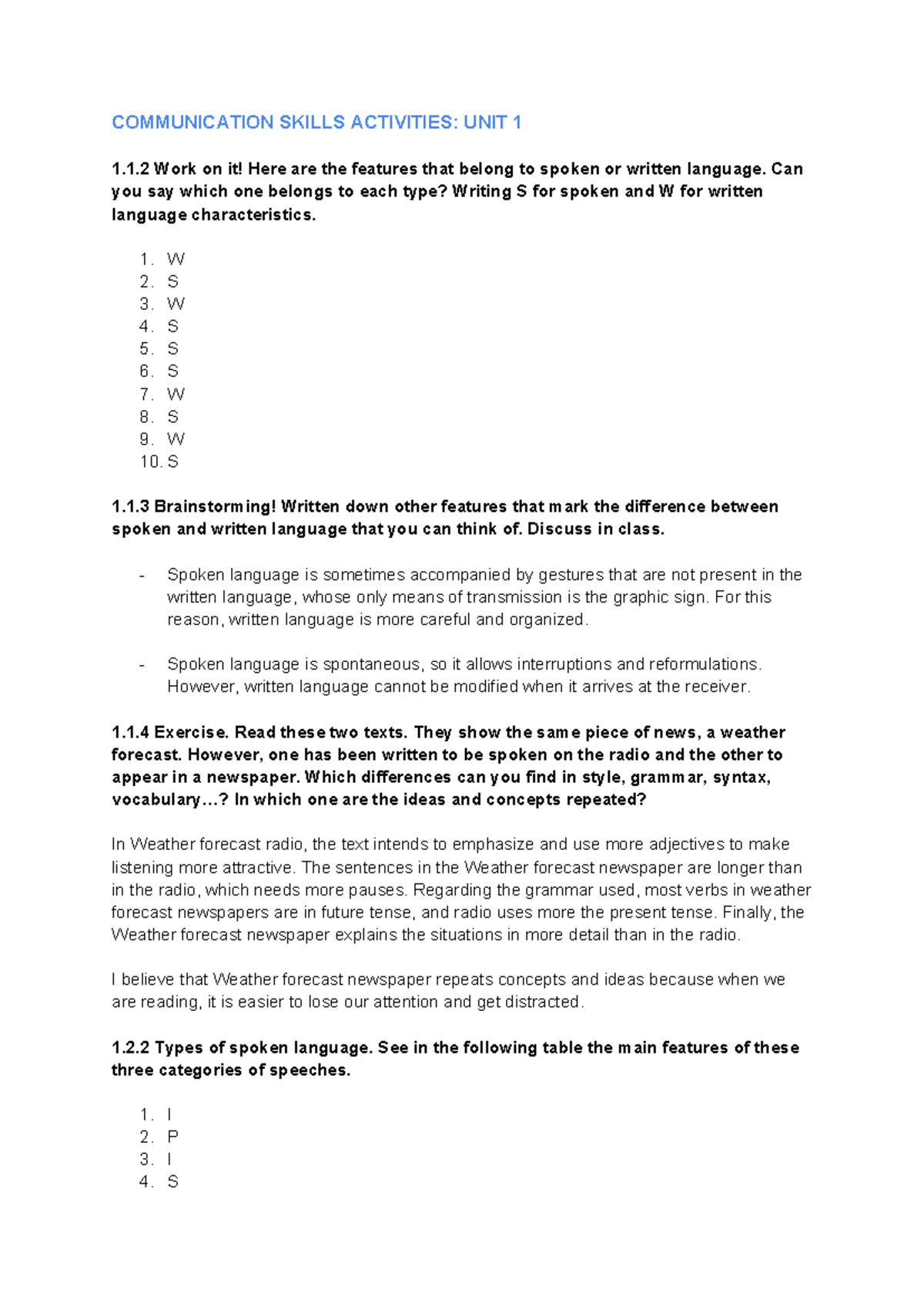Communication skills activities unit 1 - COMMUNICATION SKILLS ...