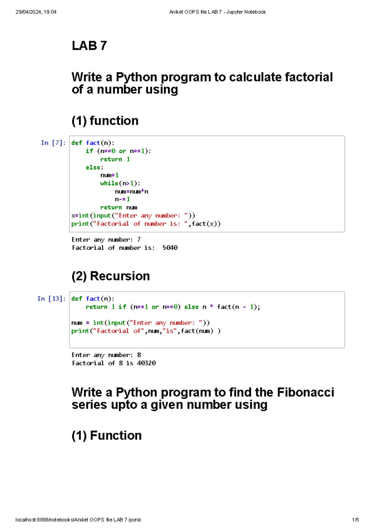 Python Programs for Factorial, Fibonacci, and GCD Computations - Studocu