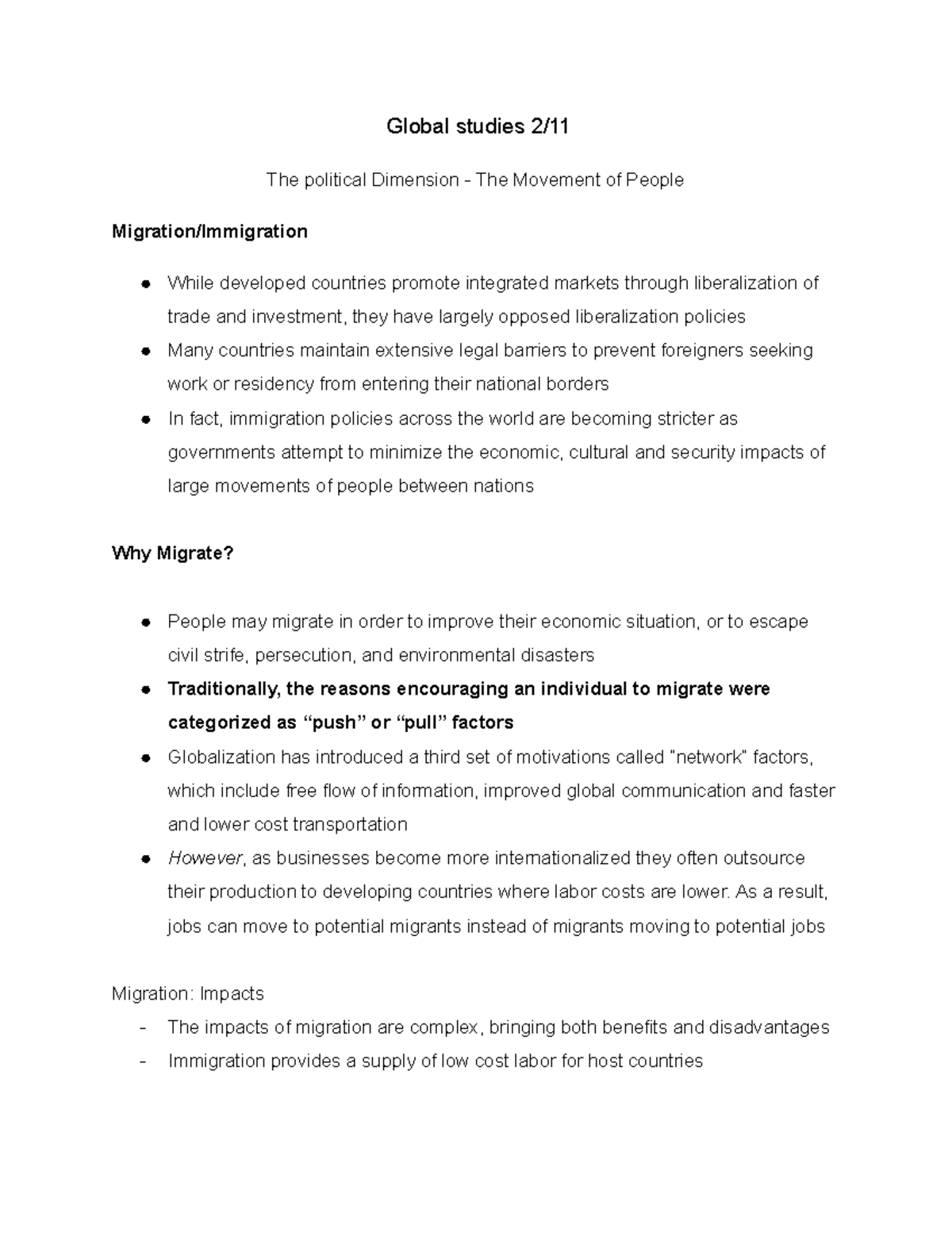 Global Studies 101: Migration Trends and Impacts Analysis - Studocu