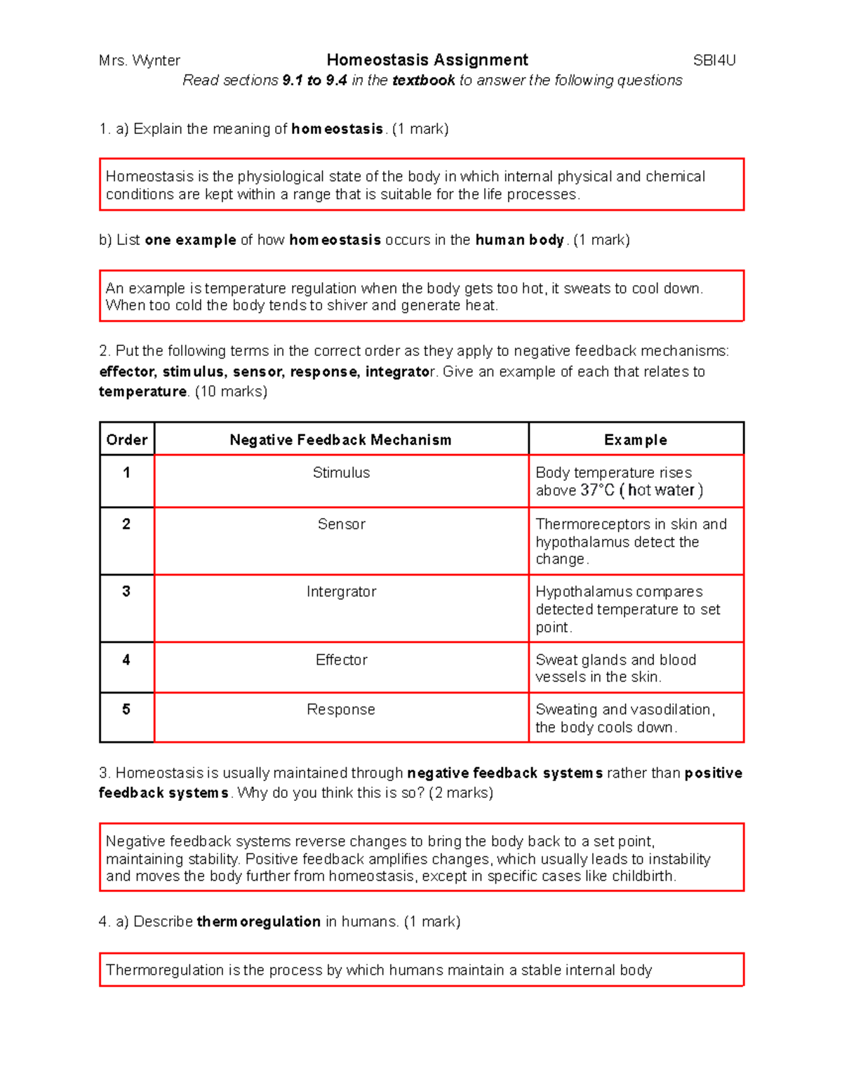 Ch 9 Homeostasis Assignment SBI4U: Understanding Body Regulation - Studocu
