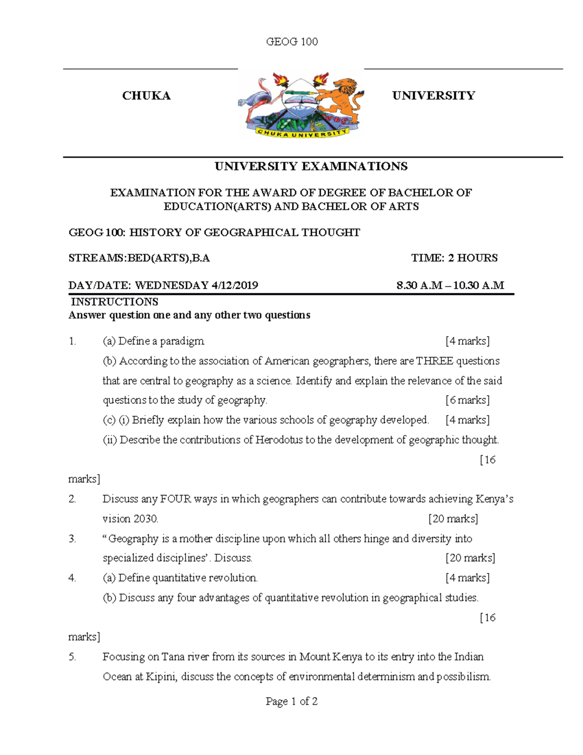 GEOG 100 - Final Exam on History of Geographical Thought - Studocu
