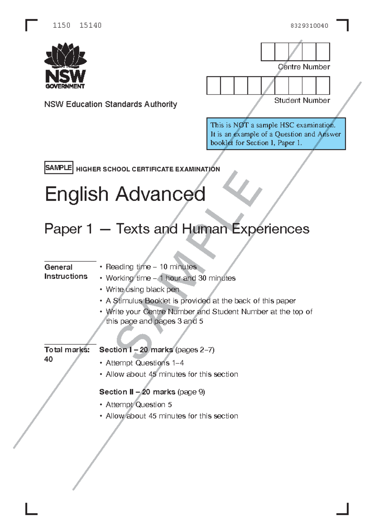 English Advanced HSC Sample Exam Paper 1 2019: Texts & Human ...
