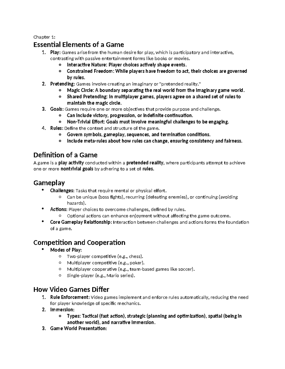 Games and Sim notes - Chapter 1: Essential Elements of a Game 1. Play ...