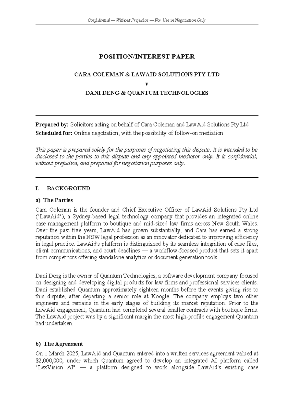 CC v DD Law Aid Position Paper: Confidential Negotiation Insights - Studocu