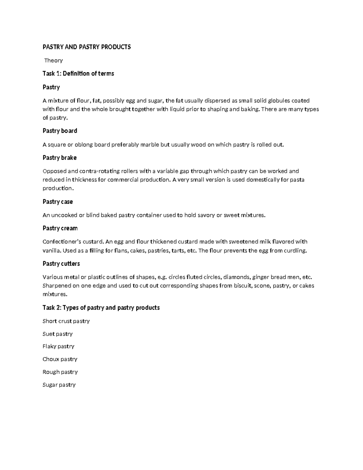Pastry and Pastry Products: Theory Task 1 & 2 Overview - Studocu