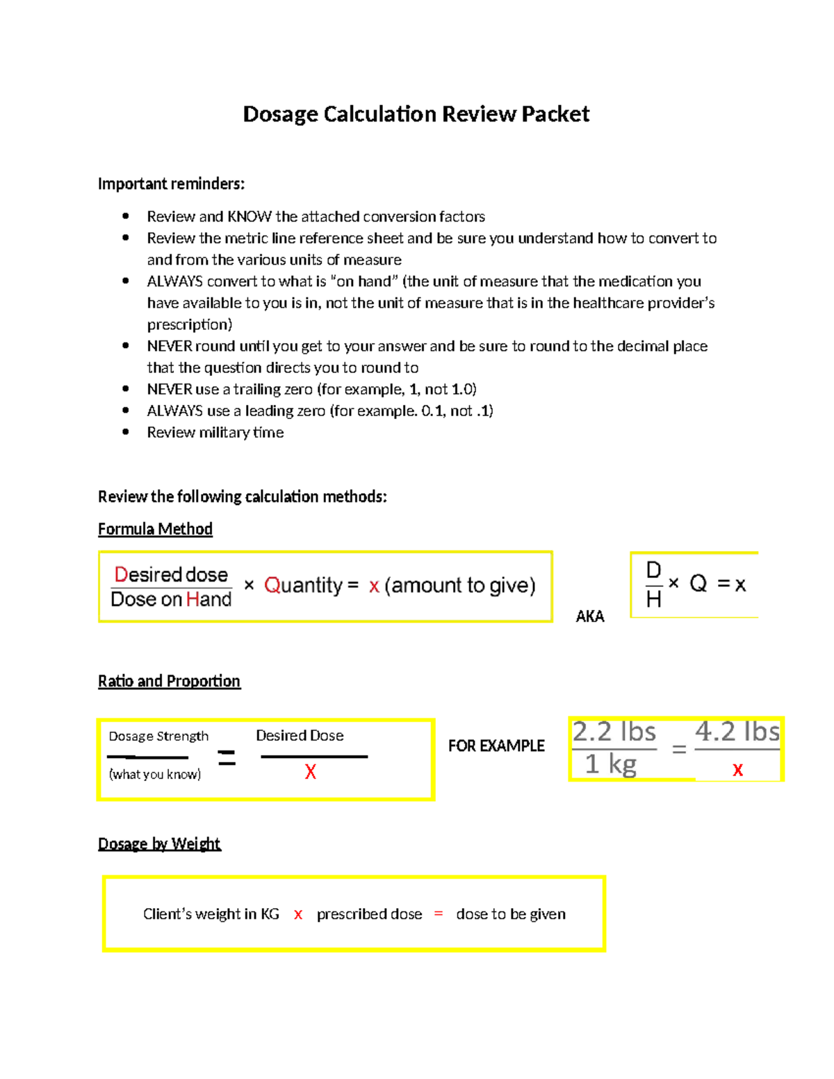 Dosage Calculation Review Packet (Course Code: 1-1-1) - Studocu