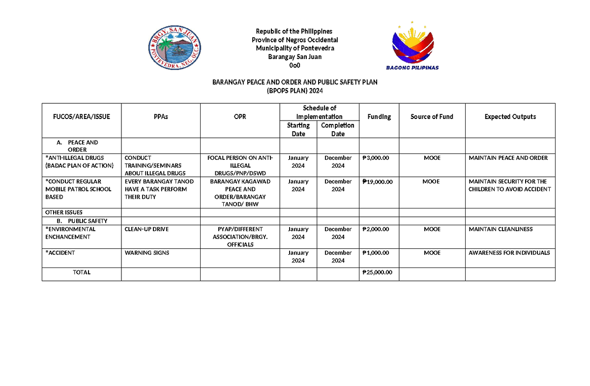 BPOPS Plan 2024: Peace, Order, and Safety Initiatives - Studocu