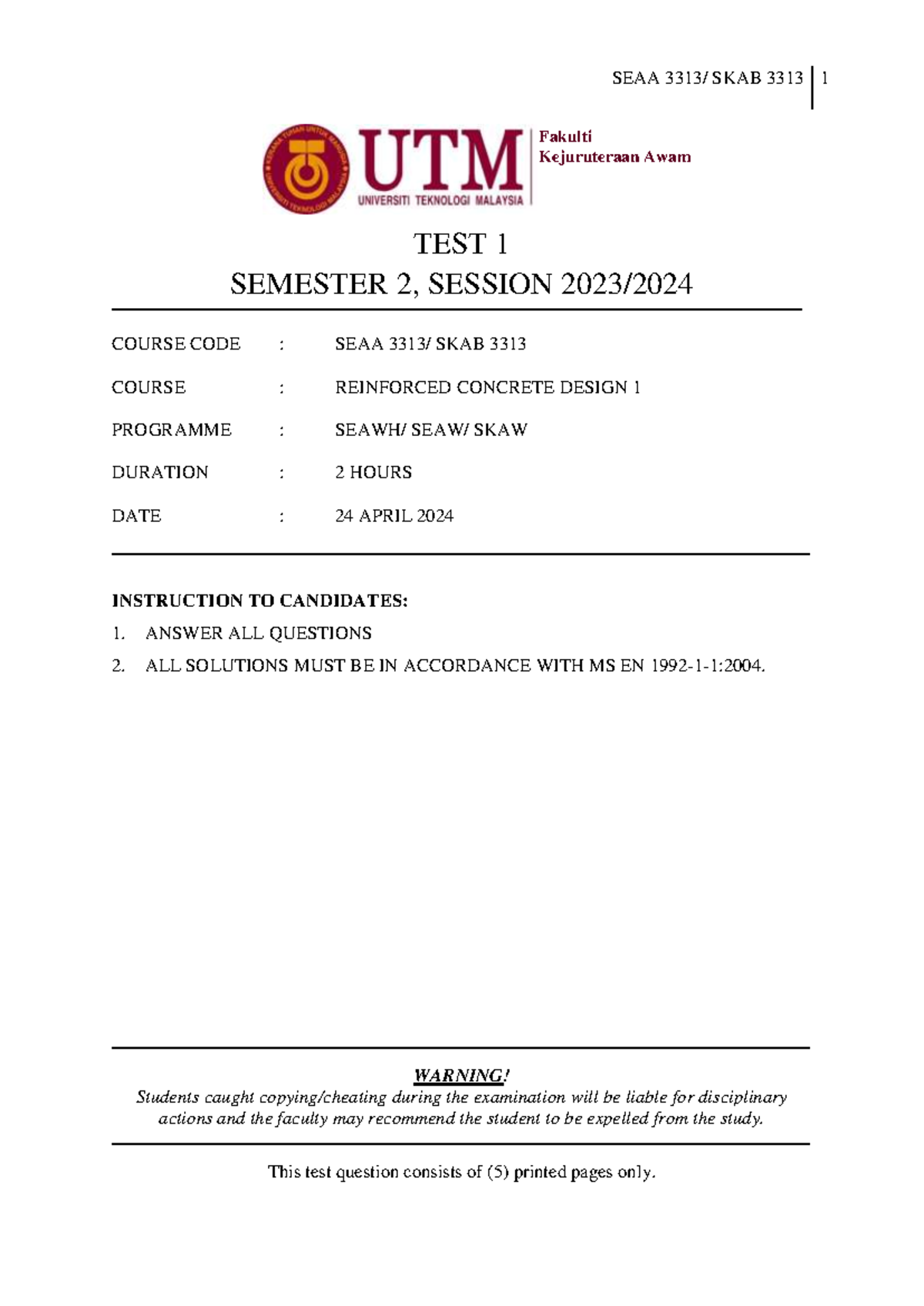 SEAA SKAB 3313 Test 1 Semester 2: Reinforced Concrete Design Exam - Studocu