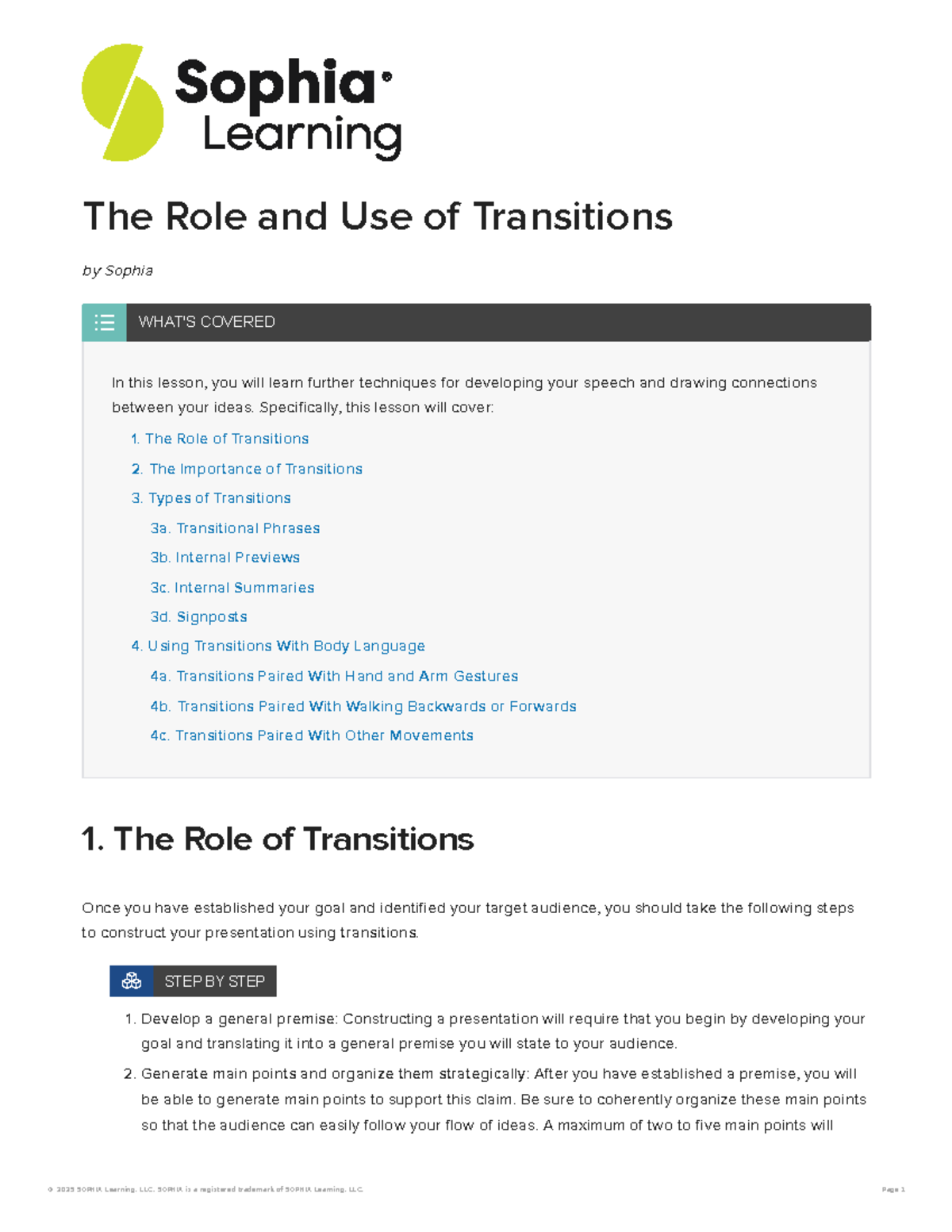 The Role and Use of Transitions in Speech Development - SOPHIA - Studocu