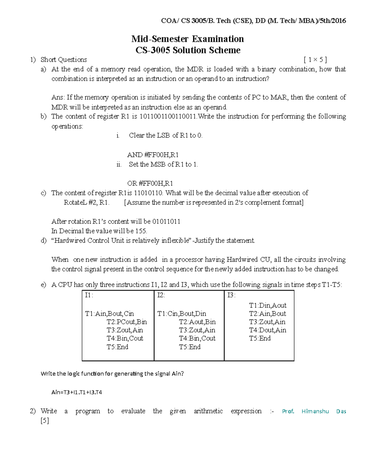 CS-3005 Midsem Solutions for 2016 Exam with Detailed Explanations - Studocu